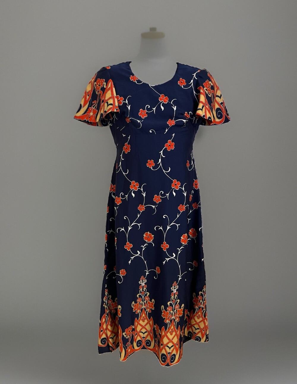 Vintage 1970s Handmade Floral Flutter Sleeve V-Neck Maxi Dress Boho Gown